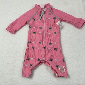 Bonverano UV Sun Suit Baby Girls 6-9M Pink Flamingo Palm Rashguard One Piece Hat